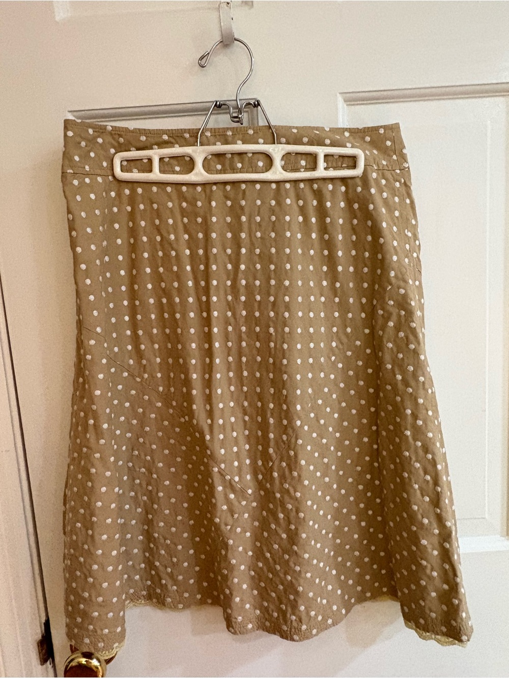 Sigrid Olsen Tan A-Line Skirt with White Polka Dots lacy hem